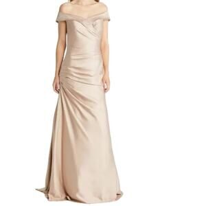 La Femme Elegant Off The Shoulder Gown Beige Ruched Gathered Maxi Dress Size 14